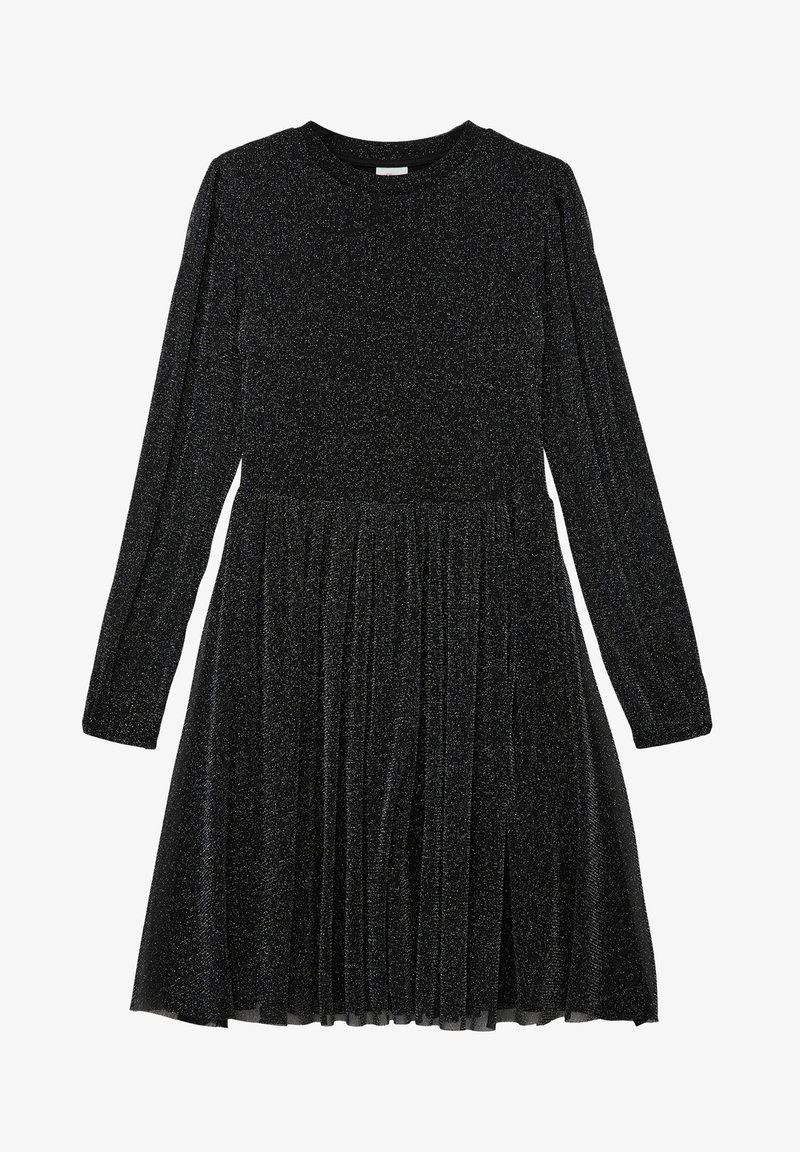 Robe noire à manches longues en tissu scintillant, avec un col rond et un jupon plissé.