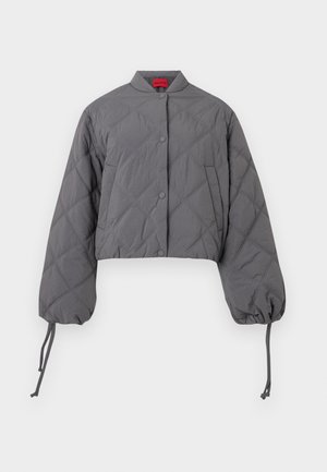 Graue, kurz geschnittene Steppjacke mit rundem Kragen, Druckknöpfen, Ballonärmeln, elastischen Bündchen und Kordelzügen am Saum.