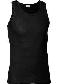 Sort bomulds tanktop med rund halsudskæring, brede stropper og tætsiddende pasform. Glat tekstur, ingen mønstre eller detaljer, velegnet til lag-på-lag.