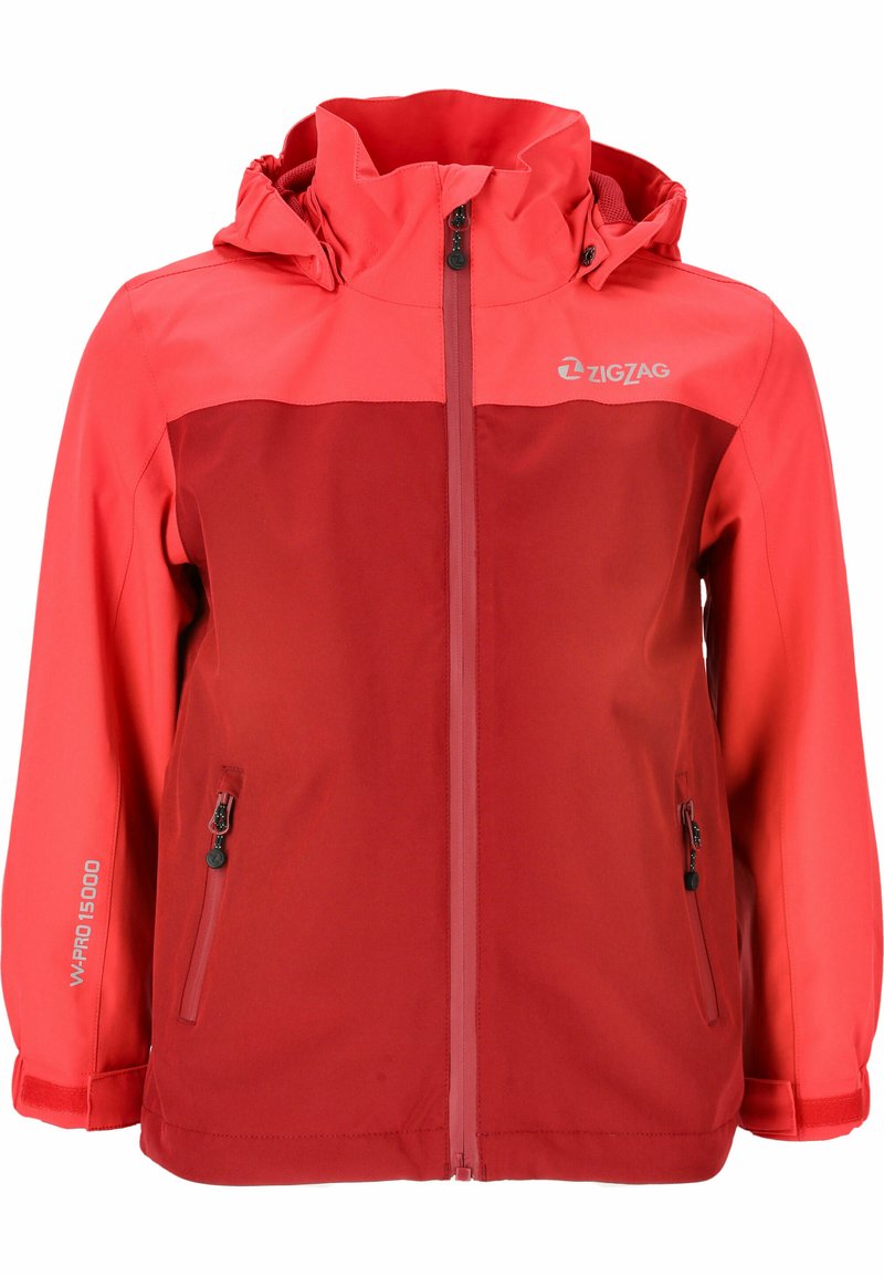 Rote wasserdichte Jacke mit zweifarbiger Gestaltung, hohem Kragen, Reißverschlusstaschen, verstellbarem Kapuzen und Branding auf der Brust.