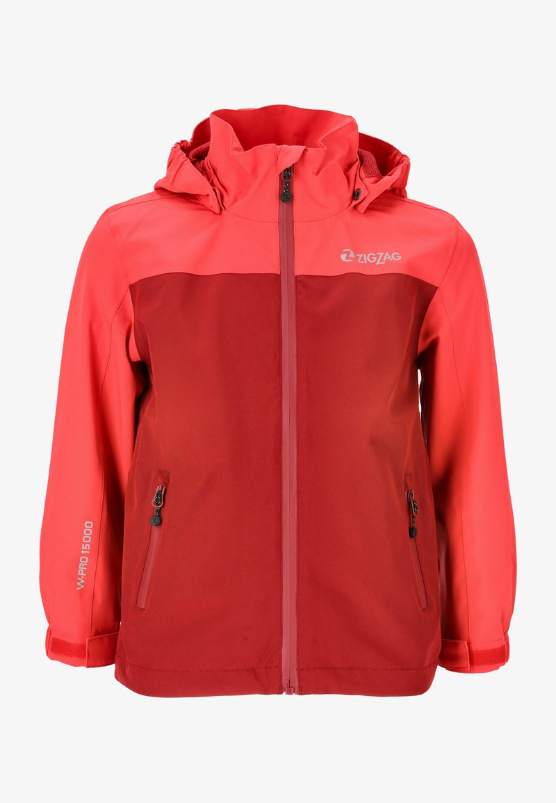 Rød vandtæt jakke med tofarvet design, høj krave, lynlåslommer, justerbar hætte og branding på brystet.