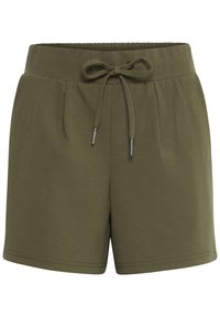 Olivgröna shorts gjorda av mjukt tyg med elastisk midja och dragsko. Har två framfickor och en avslappnad passform.