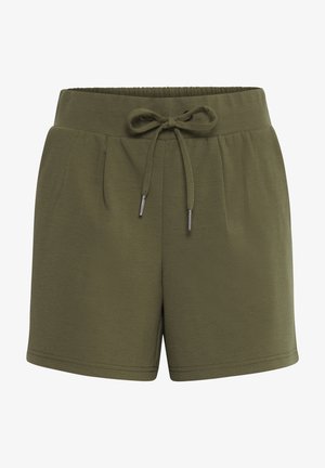 Olivenfargede shorts laget av mykt stoff med elastisk midje og snøring. Har to frontlommer og en avslappet passform.