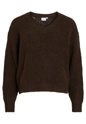 Rjavo pleten pulover z v-izrezom, dolgimi rokavi in ohlapnim krojem. Teksturirana tkanina ima mehki, puhasti videz. Znotraj je vidna etiketa.