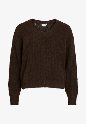 Rjavo pleten pulover z v-izrezom, dolgimi rokavi in ohlapnim krojem. Teksturirana tkanina ima mehki, puhasti videz. Znotraj je vidna etiketa.