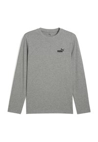 Grijze sportshirt met lange mouwen, gemaakt van zachte stof, met een zwart Puma-logo op het linkerborstgedeelte. Eenvoudig, klassiek ontwerp.
