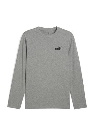 Grijze sportshirt met lange mouwen, gemaakt van zachte stof, met een zwart Puma-logo op het linkerborstgedeelte. Eenvoudig, klassiek ontwerp.