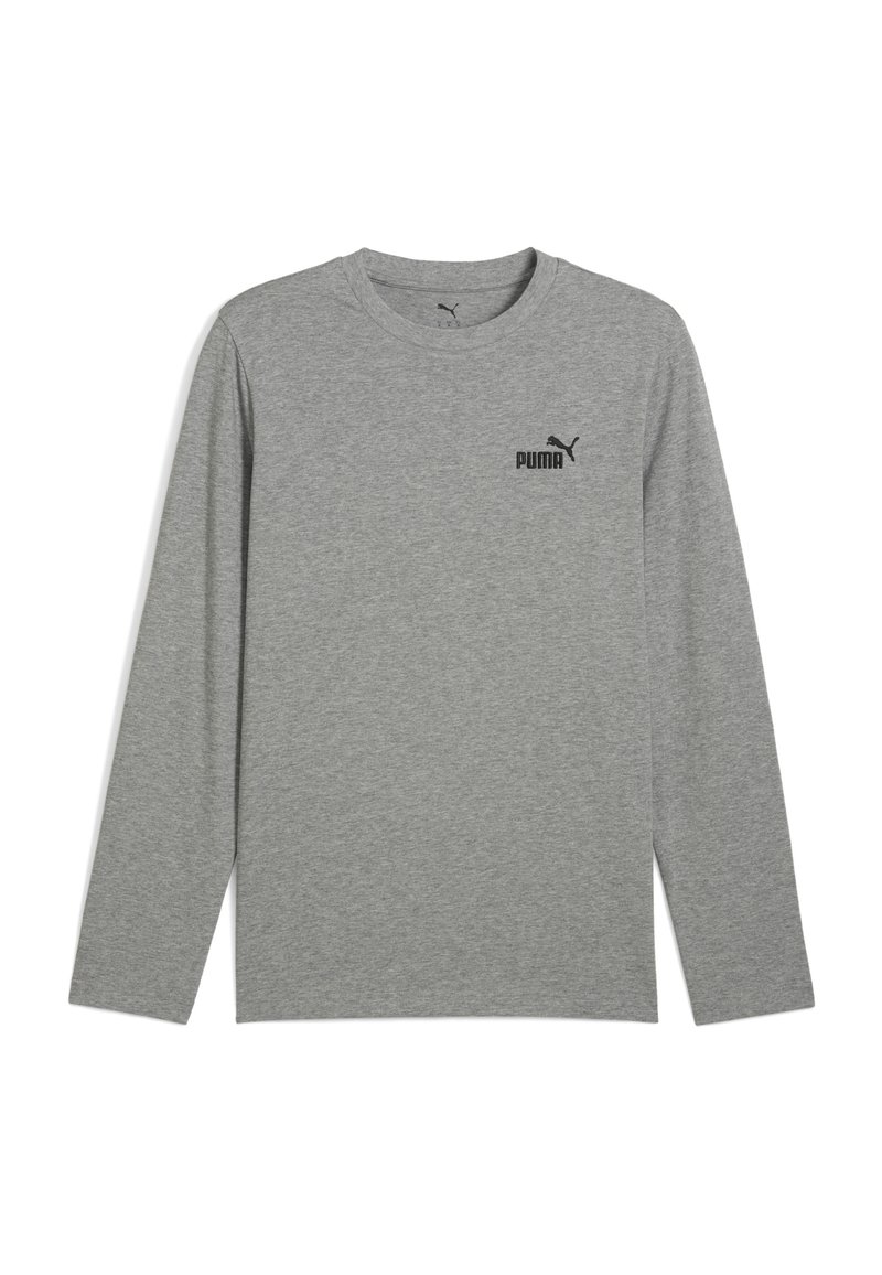 Grijze sportshirt met lange mouwen, gemaakt van zachte stof, met een zwart Puma-logo op het linkerborstgedeelte. Eenvoudig, klassiek ontwerp.