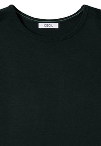Pull vert foncé en maille à col rond avec col côtelé et étiquette blanche cousue affichant le nom de la marque "CECIL".