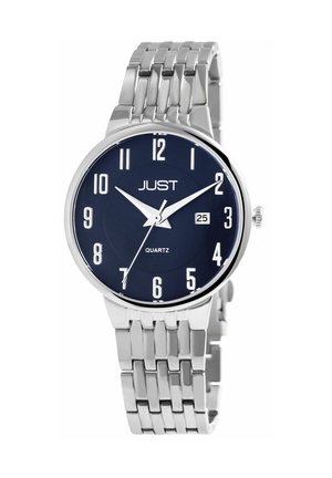Silver metal quartz watch with a round navy blue dial, white numeral hour markers, date display, and a polished link bracelet.