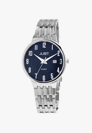 Silver metal quartz watch with a round navy blue dial, white numeral hour markers, date display, and a polished link bracelet.