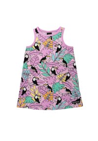 Ärmelloses Kleid mit einem pinken Grundton und einem bunten tropischen Tukan- und Blattmuster. Hergestellt aus weicher, leichter Stoff.