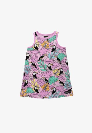 Sleeveless dress featuring a pink base with a colorful tropical toucan and leaf pattern. Made of soft, lightweight fabric.
