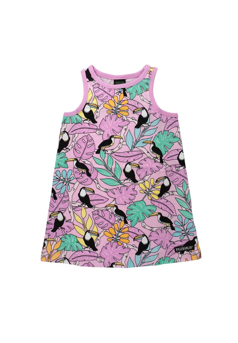 Ärmelloses Kleid mit einem pinken Grundton und einem bunten tropischen Tukan- und Blattmuster. Hergestellt aus weicher, leichter Stoff.