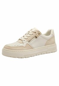 Beige színű, vegyes anyagú sneakers, perforált orral, fűzős elülső résszel, oldalsó cipzár részlettel és vastag fehér gumitalppal.