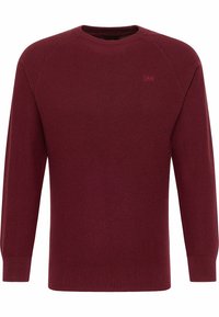 Pull bordeaux avec une texture côtelée, col rond et manches raglan longues. Présente un logo de marque subtil sur la poitrine.