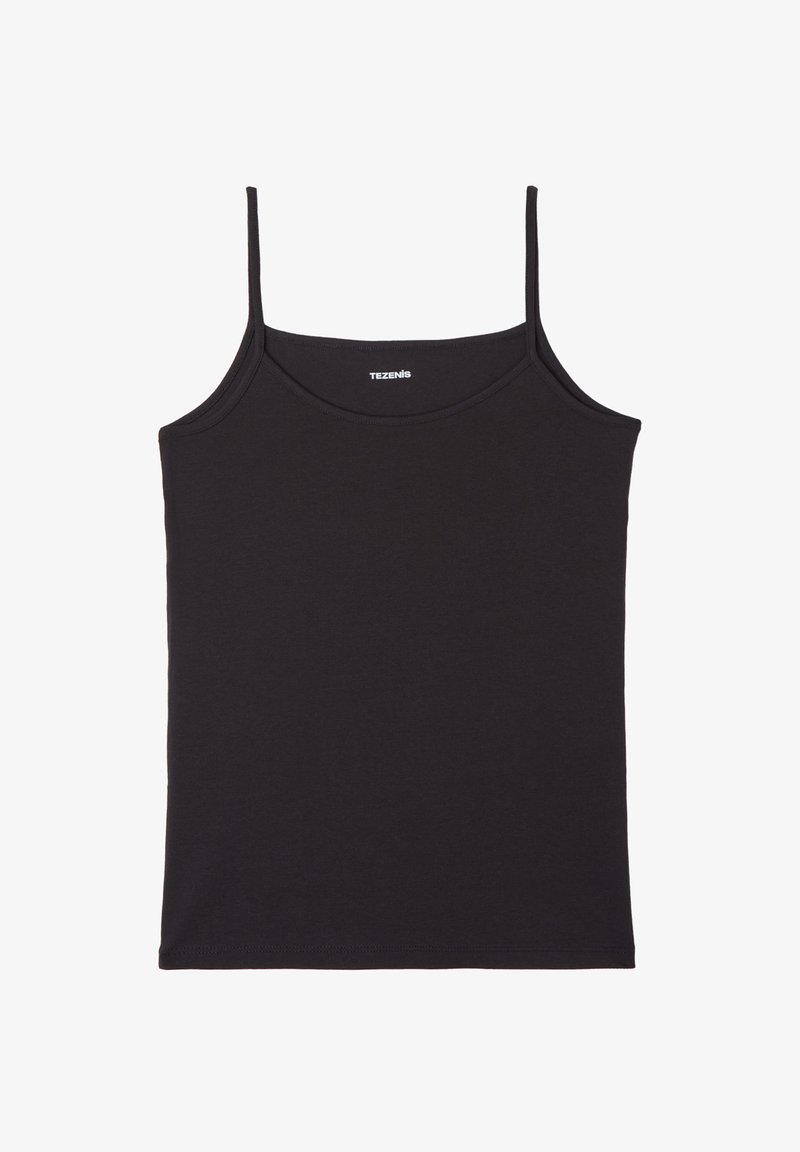 Top in cotone nero con spalline sottili, scollatura rotonda e design aderente. Texture liscia senza motivi o dettagli visibili.
