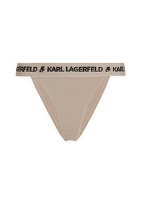 Bežové tanga vyrobené z mäkkého materiálu, s čiernym elastickým pásom s logom "KARL LAGERFELD" a minimalistickým dizajnom v trojuholníkovom tvare.