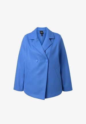 Niebieski dwurzędowy płaszcz wełniany z szerokimi klapami, dwoma guzikami i bocznymi kieszeniami, przedstawiony na białym tle.