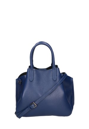 Marineblauwe leren handtas met twee korte handvatten en een afneembare schouderband. Kenmerkt zich door een gestructureerd oppervlak en een stevige vorm.