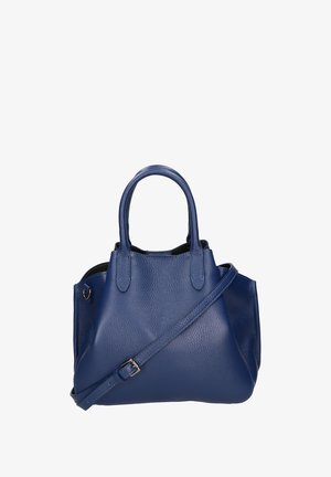 Marineblauwe leren handtas met twee korte handvatten en een afneembare schouderband. Kenmerkt zich door een gestructureerd oppervlak en een stevige vorm.