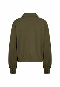 Olivově zelená bunda s límečkem, elastickým pasem a manžetami na knoflíky. Hladká tkanina, volný střih a minimalistický design.