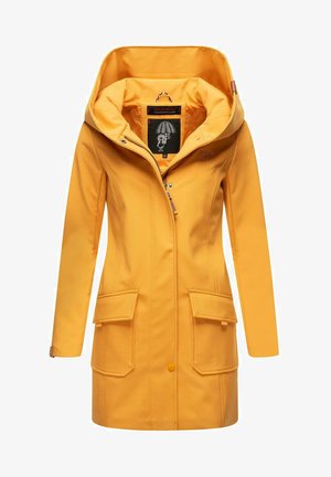 Giacca impermeabile gialla con un ampio cappuccio, chiusura con zip, due tasche frontali e una finitura testurizzata. Presenta un'etichetta del marchio all'interno.