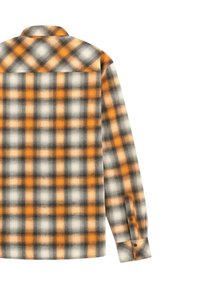 Camicia in flanella a maniche lunghe con motivo a quadri nero, arancione e bianco, dotata di colletto classico e polsini con bottoni. Tessuto morbido.