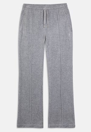 Sivé tepláky vyrobené z jemného materiálu s elastickým pásom, šnúrkou na stiahnutie a dvoma bočnými vreckami na zips. Prítomné vertikálne švy.