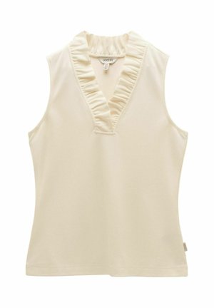 Ärmelloses beigefarbenes Oberteil mit einem gerafften V-Ausschnitt aus weichem Stoff, Markenetikett "Joules" sichtbar innen am Halsausschnitt.