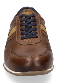 Brązowe skórzane sneakersy z granatowymi sznurowadłami i beżowymi zamszowymi akcentami. Posiadają okrągły nos, płaską podeszwę i przeszycia wzdłuż krawędzi.