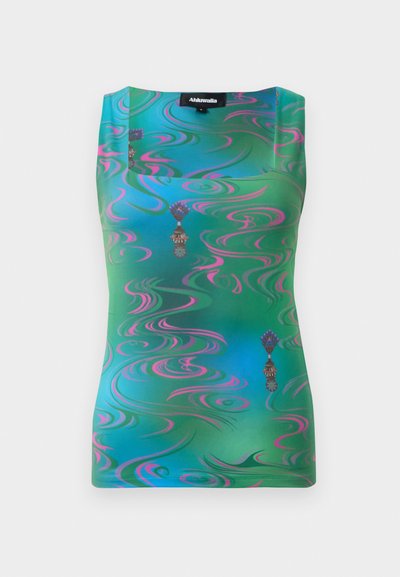 Top sem mangas com um padrão vibrante de espirais verde e azul, com accents em rosa e motifs decorativos que lembram lanternas.