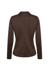 Dark brown fitted blazer with long sleeves, seam detailing, and a notched collar shown from the back on a white background.