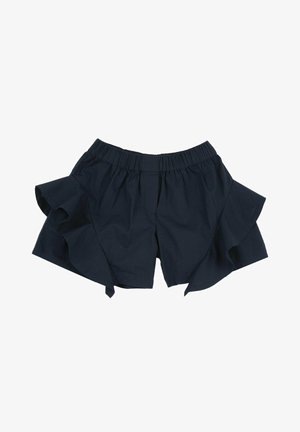 Shorts per donne nere con vita elasticizzata e dettagli a balze sovrapposte su entrambi i lati.