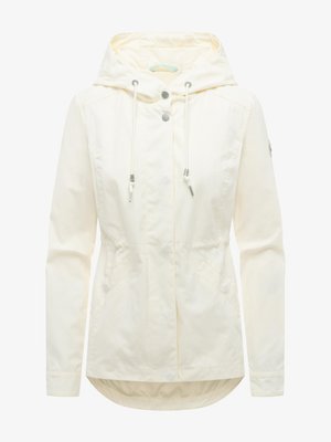 Kremfarvet, let hættejakke med forlommer, justerbare snore og trykknaplukninger.
