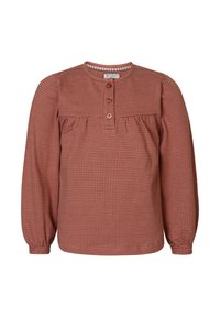 Rostfarbendes Langarmhemd im karierten Muster, mit einem runden Halsausschnitt, drei Holzknöpfen und gerafften Details an der Brust.