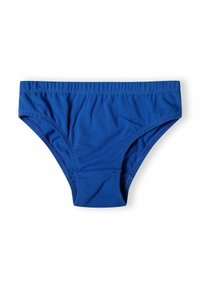 Slip bikini din bumbac albastru, cu o textură netedă, talie elastică și un design simplu. Fără modele sau accesorii suplimentare vizibile.