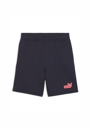 Pantaloncini sportivi blu navy con vita elastica e logo Puma rosso sulla parte inferiore della gamba destra su sfondo bianco.