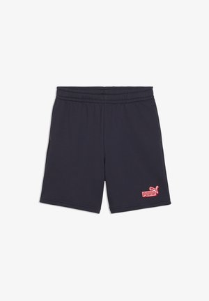 Mørkeblå atletikshorts med elastisk taljebånd og rød Puma-logo på højre nederste ben mod en hvid baggrund.