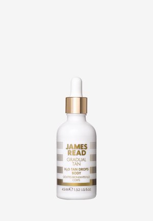 Flasche James Read Gradual Tan H2O Tan Drops für den Körper, 45 ml, mit gold-weißem Tropfer und goldener Beschriftung auf weißem Hintergrund.