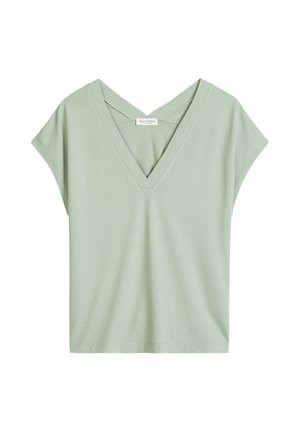 Light green short-sleeve top with deep V-neck and crossed back detail, made of soft fabric, displayed flat on white background.