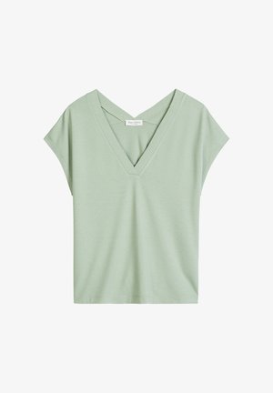 Light green short-sleeve top with deep V-neck and crossed back detail, made of soft fabric, displayed flat on white background.