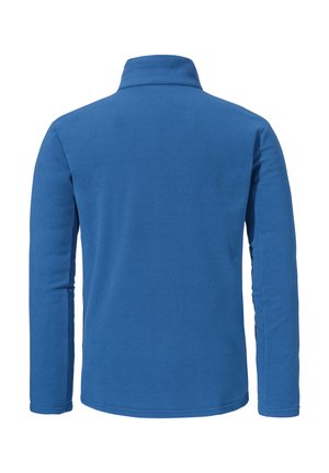 Blaues Fleecejacke mit Stehkragen, langen Ärmeln und glatter Textur. Enthält keine sichtbaren Beschläge oder Muster.