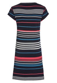 Geribbelde jurk tot de knie met horizontale strepen in marineblauw, roze, wit en blauw. Korte mouwen met een ronde hals.