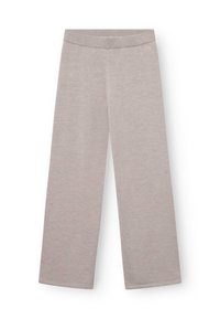 Lys beige brede strikbukser med elastisk talje, glat tekstur og subtilt logo nær taljen.