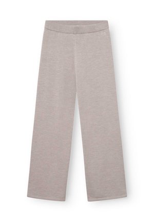 Lys beige brede strikbukser med elastisk talje, glat tekstur og subtilt logo nær taljen.