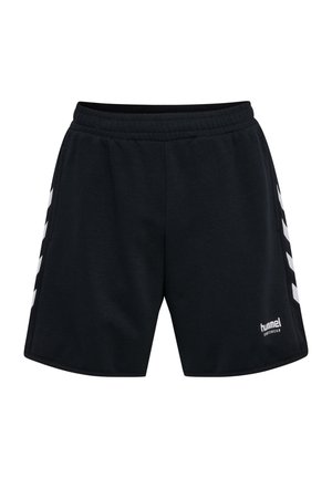 Zwarte sportbroekjes van zachte stof, met een elastische tailleband en witte chevronpatronen langs de zijkanten. Logo aan de onderkant van de voorkant.