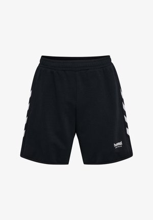 Zwarte sportbroekjes van zachte stof, met een elastische tailleband en witte chevronpatronen langs de zijkanten. Logo aan de onderkant van de voorkant.