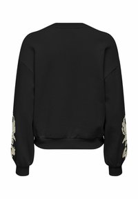 Zwarte sweatshirt met ronde hals en verlaagde schouders, met ingewikkelde gouden borduursels op de mouwen en een geribde zoom.