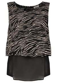 Top senza maniche nero e beige con motivo a onde, dotato di uno strato inferiore trasparente nero e linea del collo arrotondata.